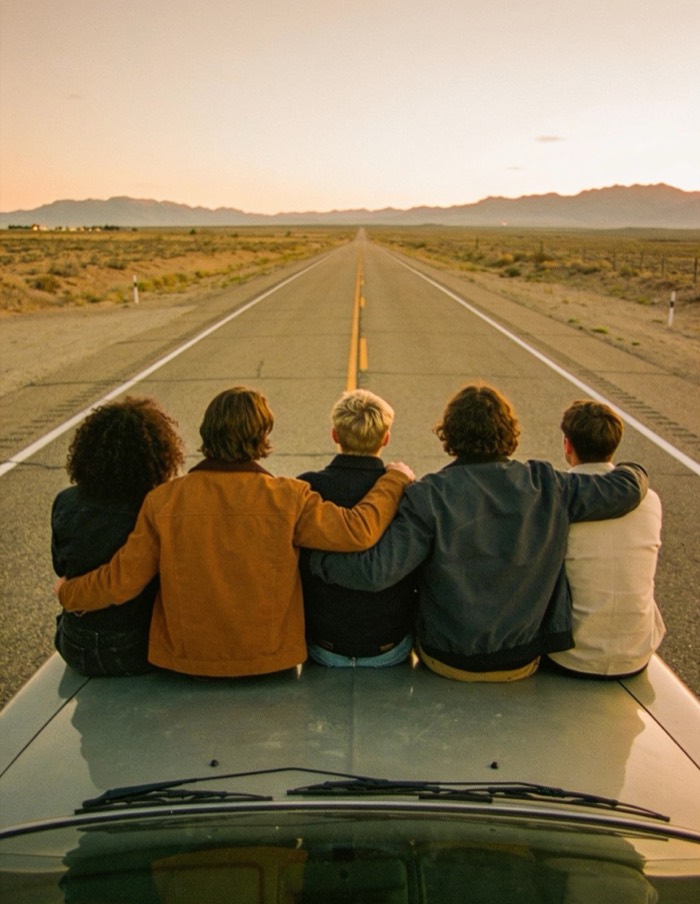 Grupo de amigos sentado sobre um carro olhando uma estrada aberta ao entardecer
